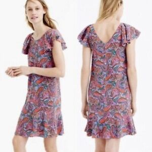 J Crew Purple Pink Paisley Print Silk Flutter Sleeve Dress Sz 00